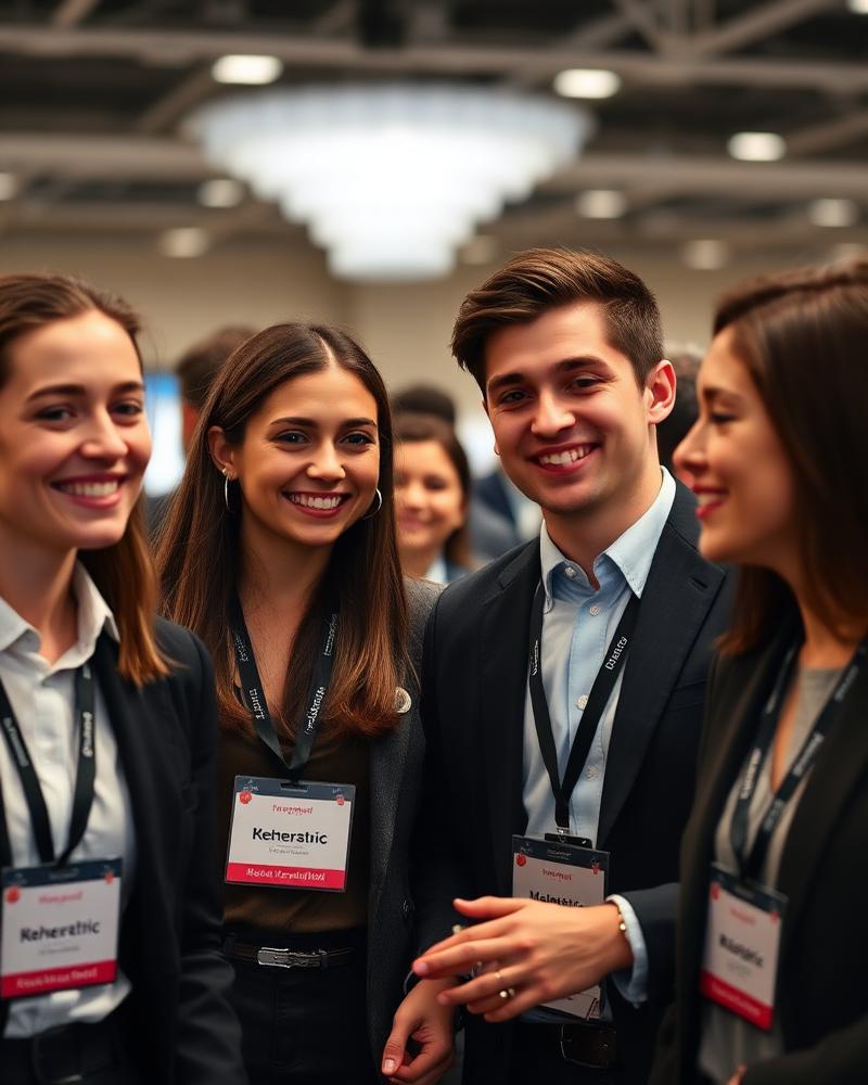 Team members in business attire with event badges at a marketing activation