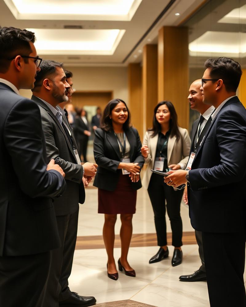 Professionals networking together at a corporate conference