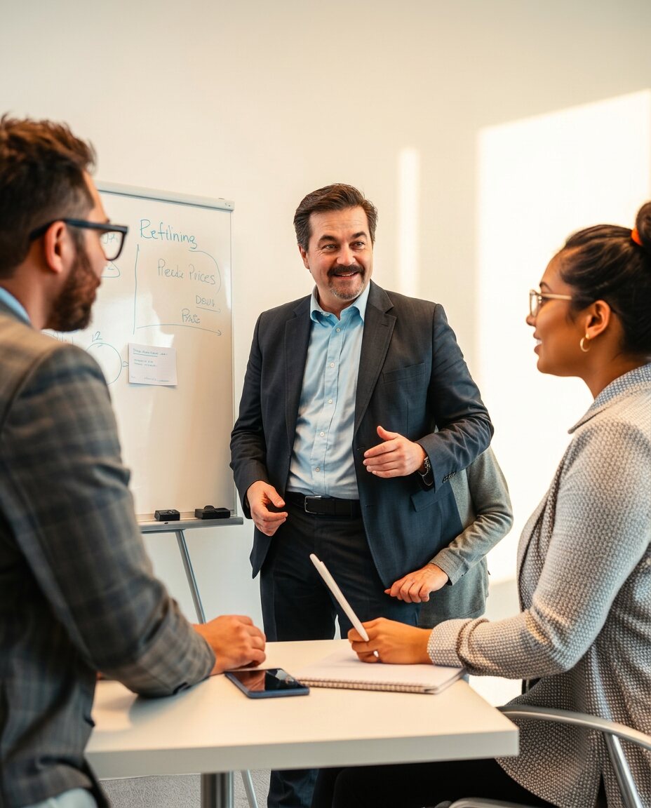 Manager training two associates at a whiteboard