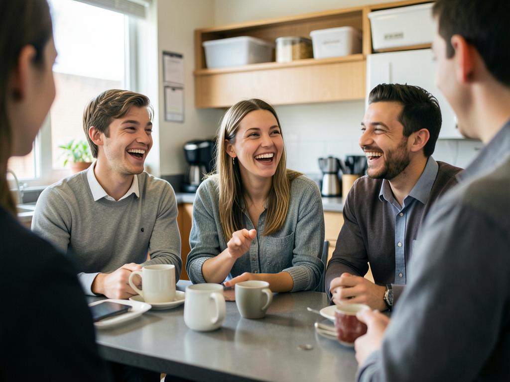 Coworkers sharing a candid laugh over coffee
