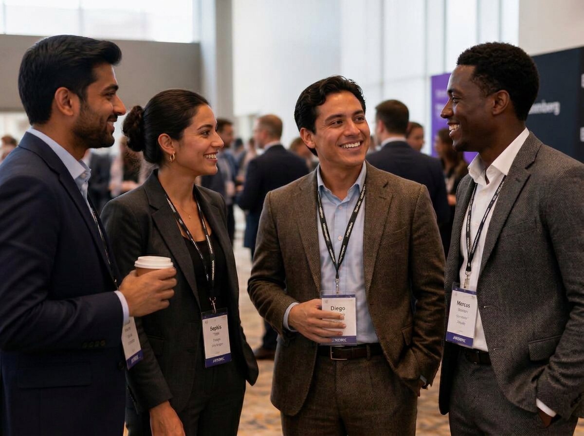 Professionals networking at a conference with event badges