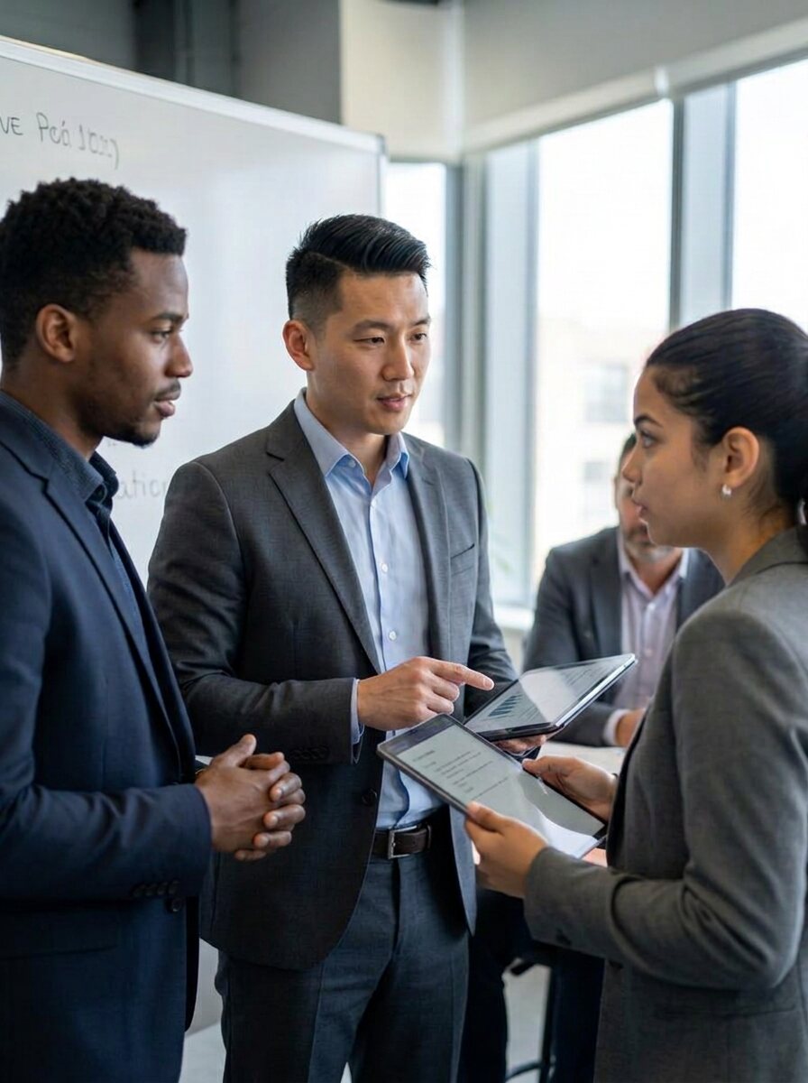 A leader mentoring an emerging professional beside a whiteboard