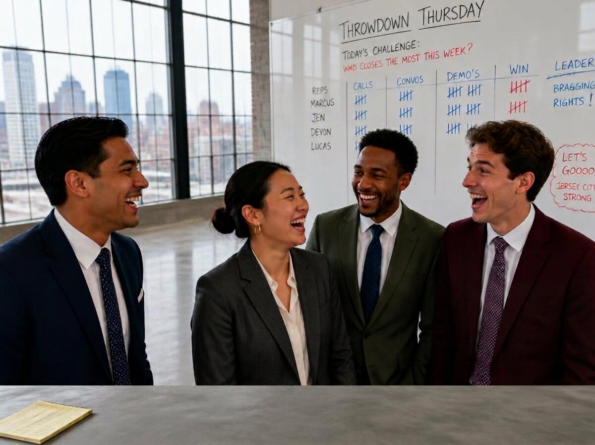 Team in suits laughing during a high-energy morning Throwdown Thursday sales challenge meeting