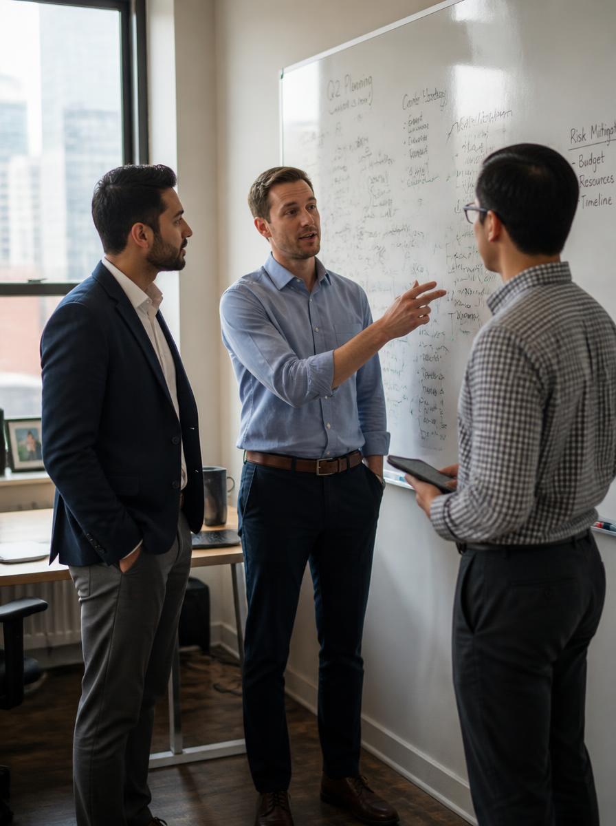 Colleagues working through ideas together at a whiteboard