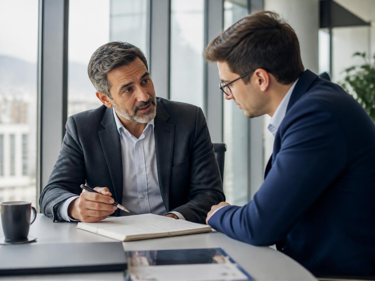 A senior leader reviewing strategy with an emerging professional in a modern Jersey City office