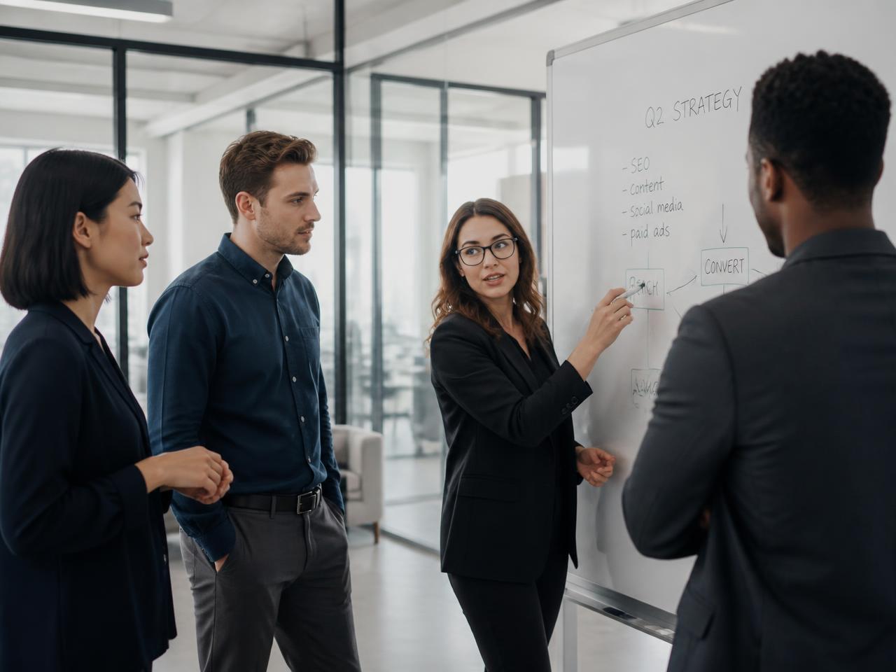 Team of professionals discussing quarterly strategy in a bright modern office